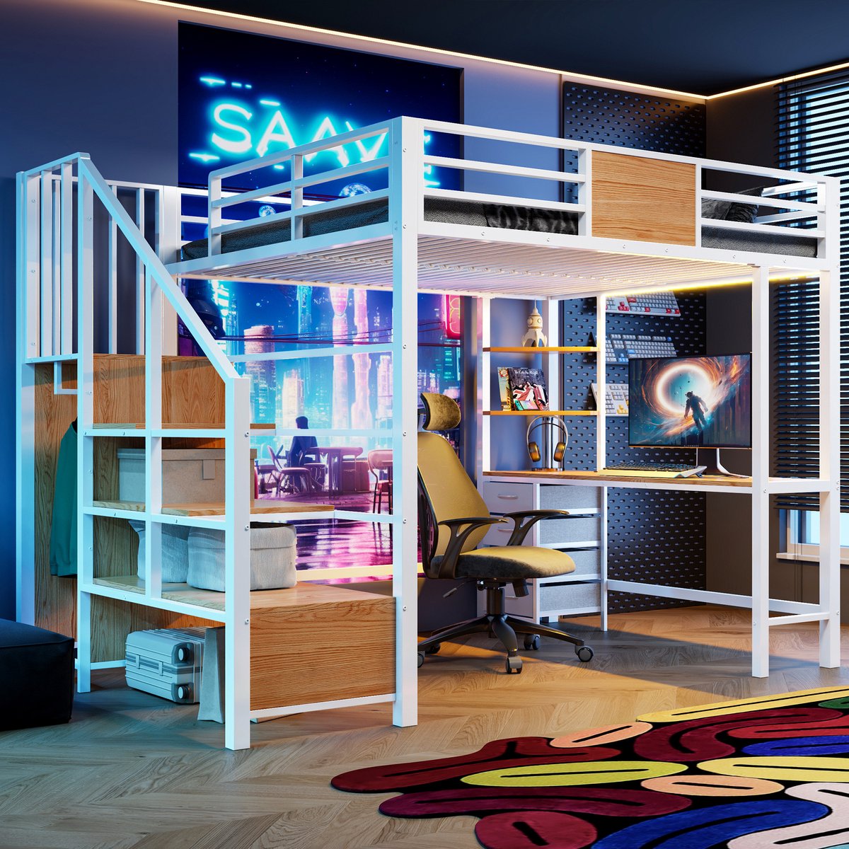 Hoogslaper - 140 x 200 cm - 2-persoons - met bureau - met opbergruimte - met LED-verlichting - met stopcontact - Wit