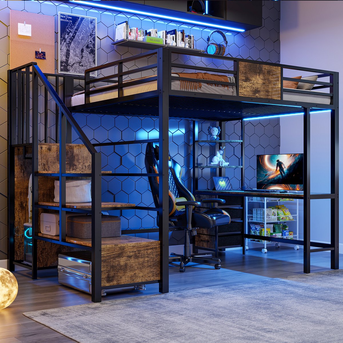 Hoogslaper - 140 x 200 cm - 2-persoons - met bureau - met opbergruimte - met LED-verlichting - met stopcontact - Zwart