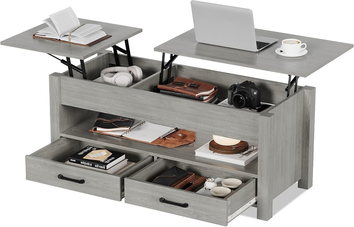 Salontafel met opklapbaar blad en opbergruimte - Convertible houten salontafel voor woonkamer/thuiskantoor, opklapbaar blad, verborgen vak, 2 lades, onderste plank - Grijs