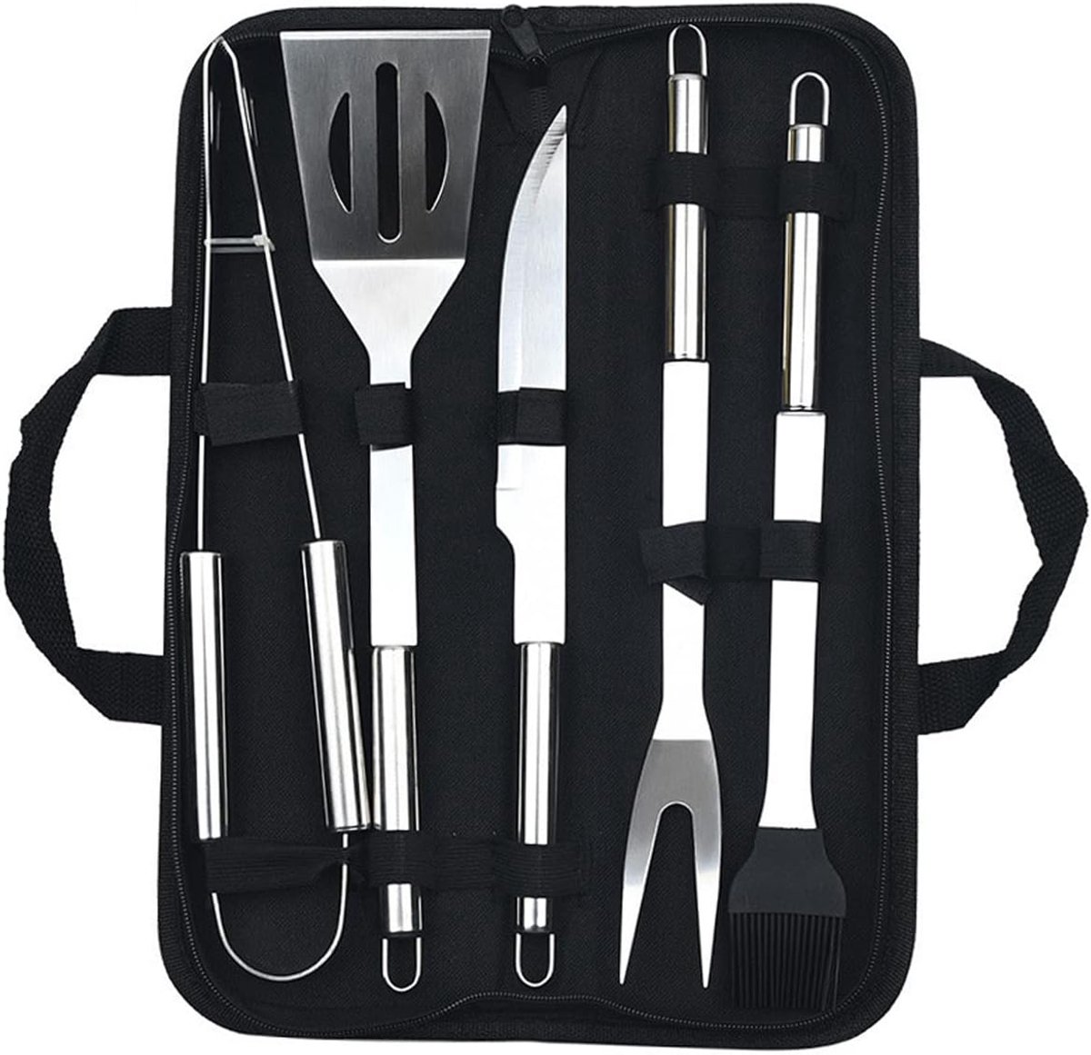 Casalora BBQ-gereedschapsset – Grillaccessoires van roestvrij staal – Grillaccessoires voor buiten – Grillgereedschap – 5-delige set – Wordt geleverd met een handig opbergetui - Inclusief spatel, vleesvork, tang, mes en bakkwast – Zwart