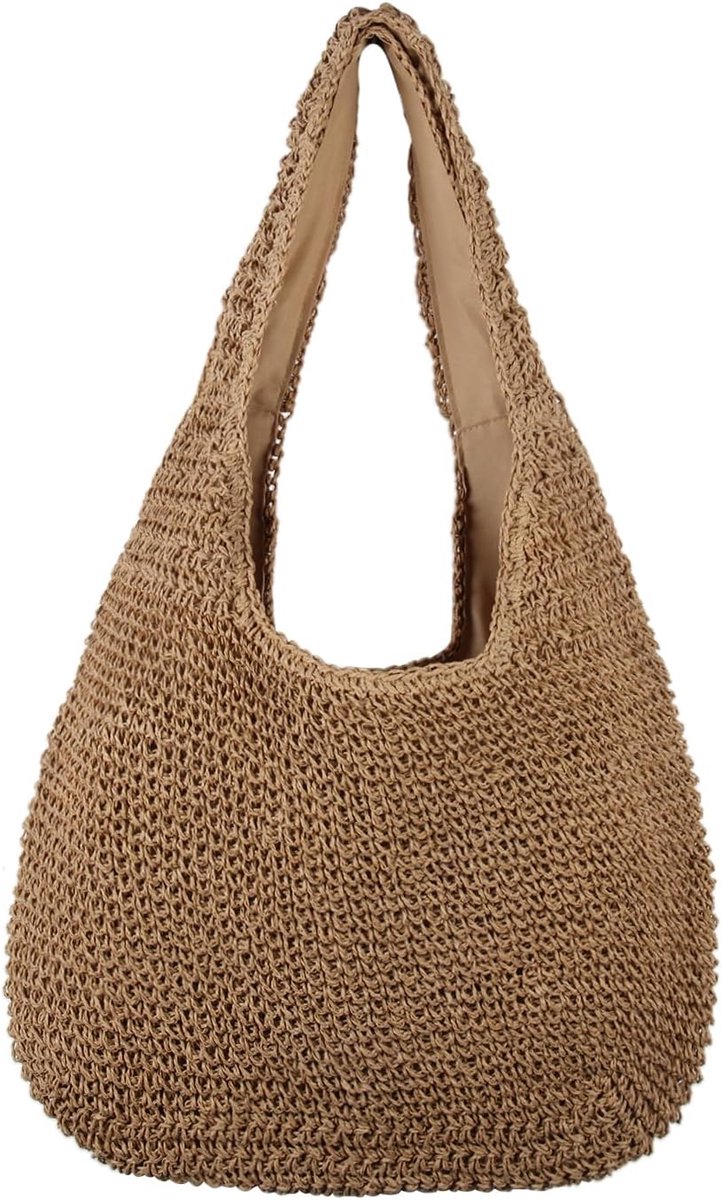 Women Straw Tote Bag Summer Beach Shoulder Bag Weave Large Capacity Casual Handwoven Wallet, Light Brown, Light Brown - ShopVlot
