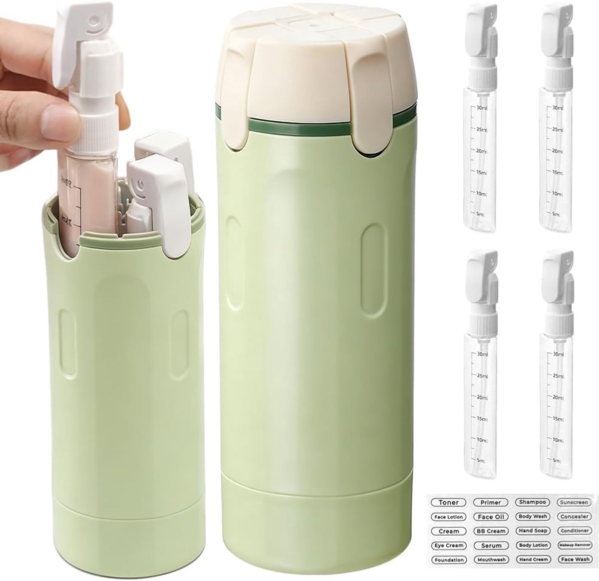 Navulbare reisflessen 4-in-1 (4 stuks, 30 ml), herbruikbare reisflessen met schaal en etiketten, lekvrije - ShopVlot