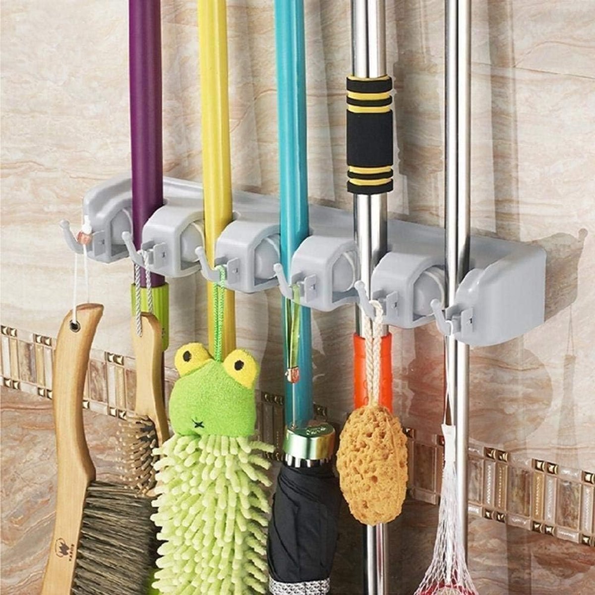 Mop & Broom Holder Wall Organiser 5 Positions with 6 Hooks Plastic Heavy Duty 41 x 6 x 8 cm for Home, School, Stadium - ShopVlot