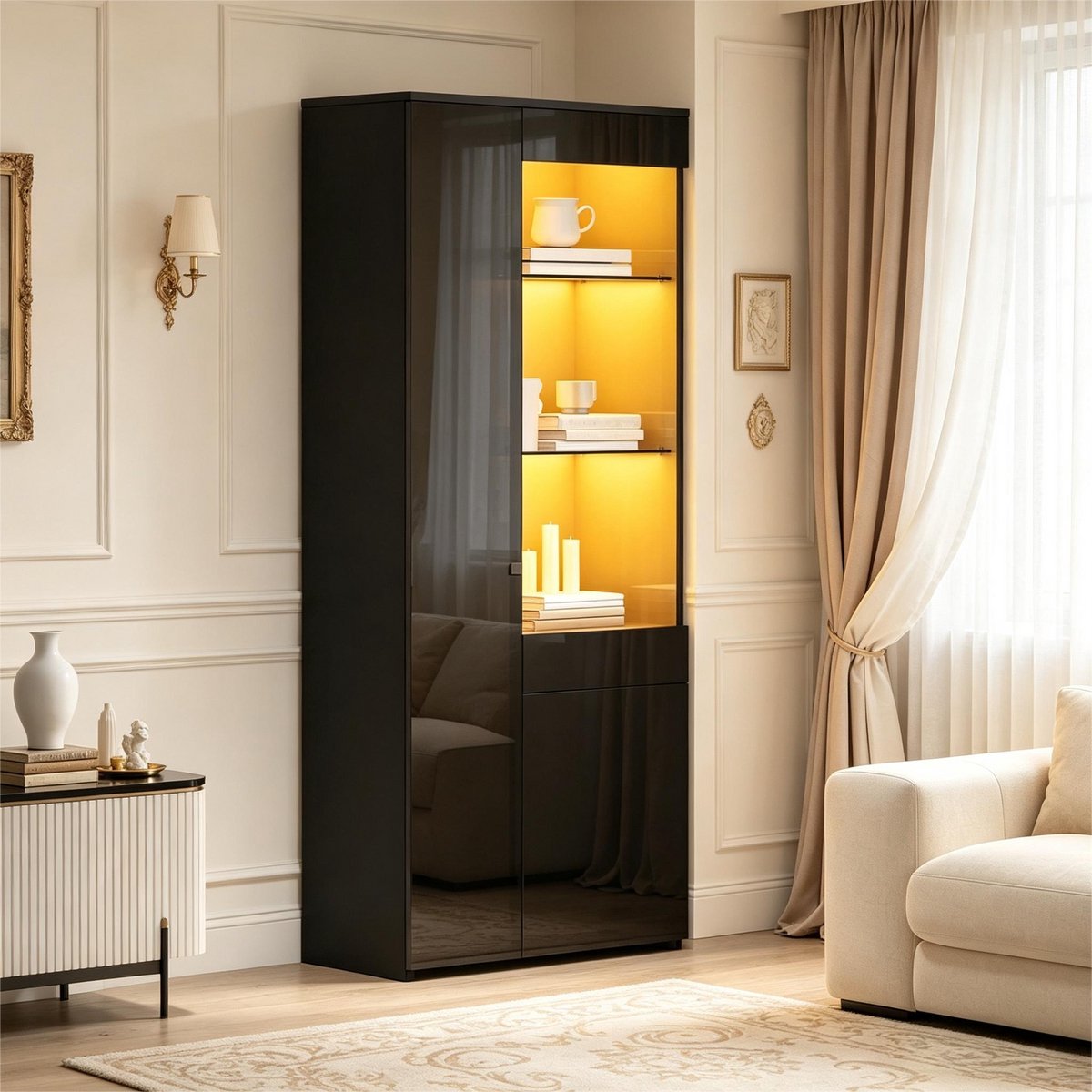 Pugsdrly 70×35×180 cm vitrinekast met lades, hoogglans vitrinekast, glazen vitrinekast met led-verlichting, hoge kast, highboard met opbergruimte, staande vitrinekast, opbergruimte met scheidingswand, aanbevolen draagvermogen 45 kg, zwart
