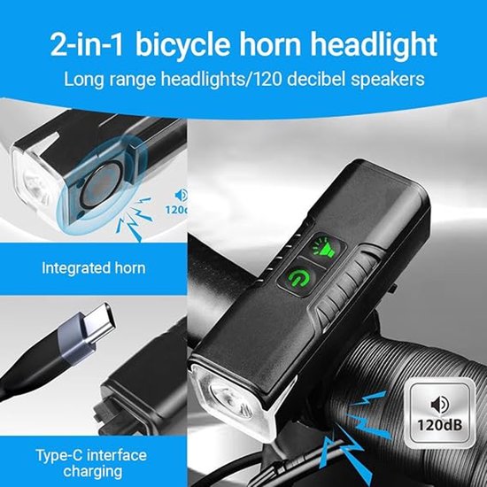 Universele Fietskoplamp met Claxon - Fietsverlichting - Multifunctioneel - Usb - Oplaadbaar - Superheldere Lichtstraal Voor Veiligheid 'S Nachts - Fietslamp - Met Claxon - Waterdichte Fietskoplamp - Zwart - Unisex racefiets en mountainbike — afbeelding 3