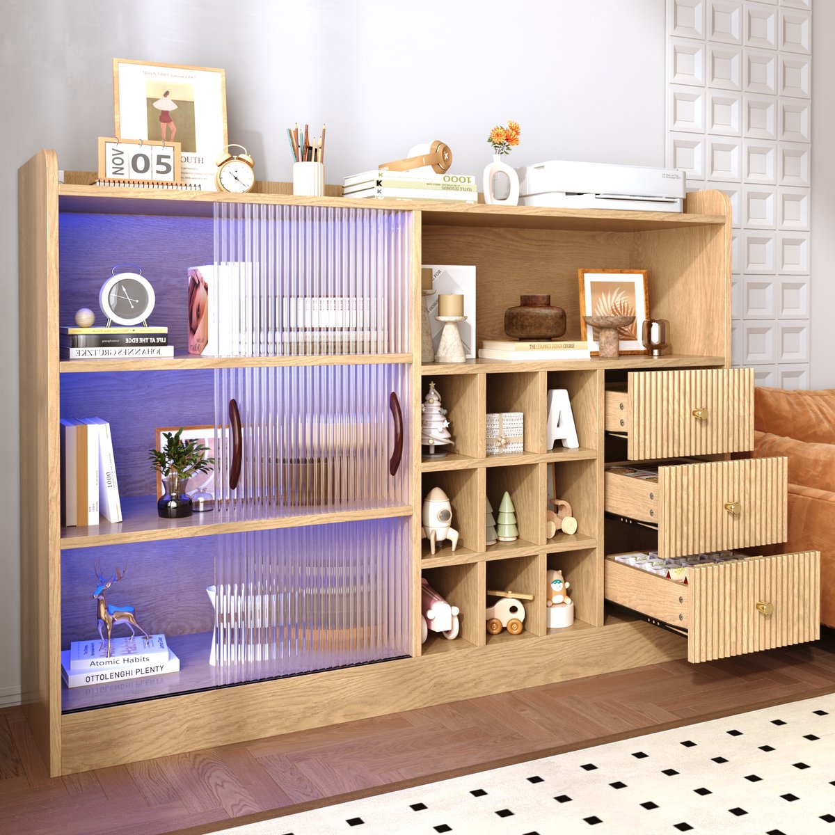 Pugsdrly Retro opbergkast van 120 cm met schaakbordvormige wijnrekken, led-verlichting en schuifdeuren van halfdoorzichtig glas, multifunctionele wijn- en opbergkast voor woon- en eetkamer