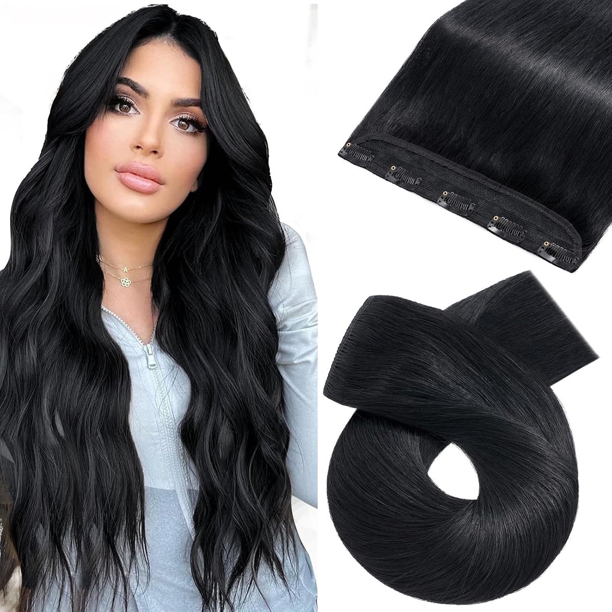 Clip-In Hair Extensions 45 cm - 7A Remy Echt Haar - Raven Black - Verleng je haar eenvoudig - ShopVlot