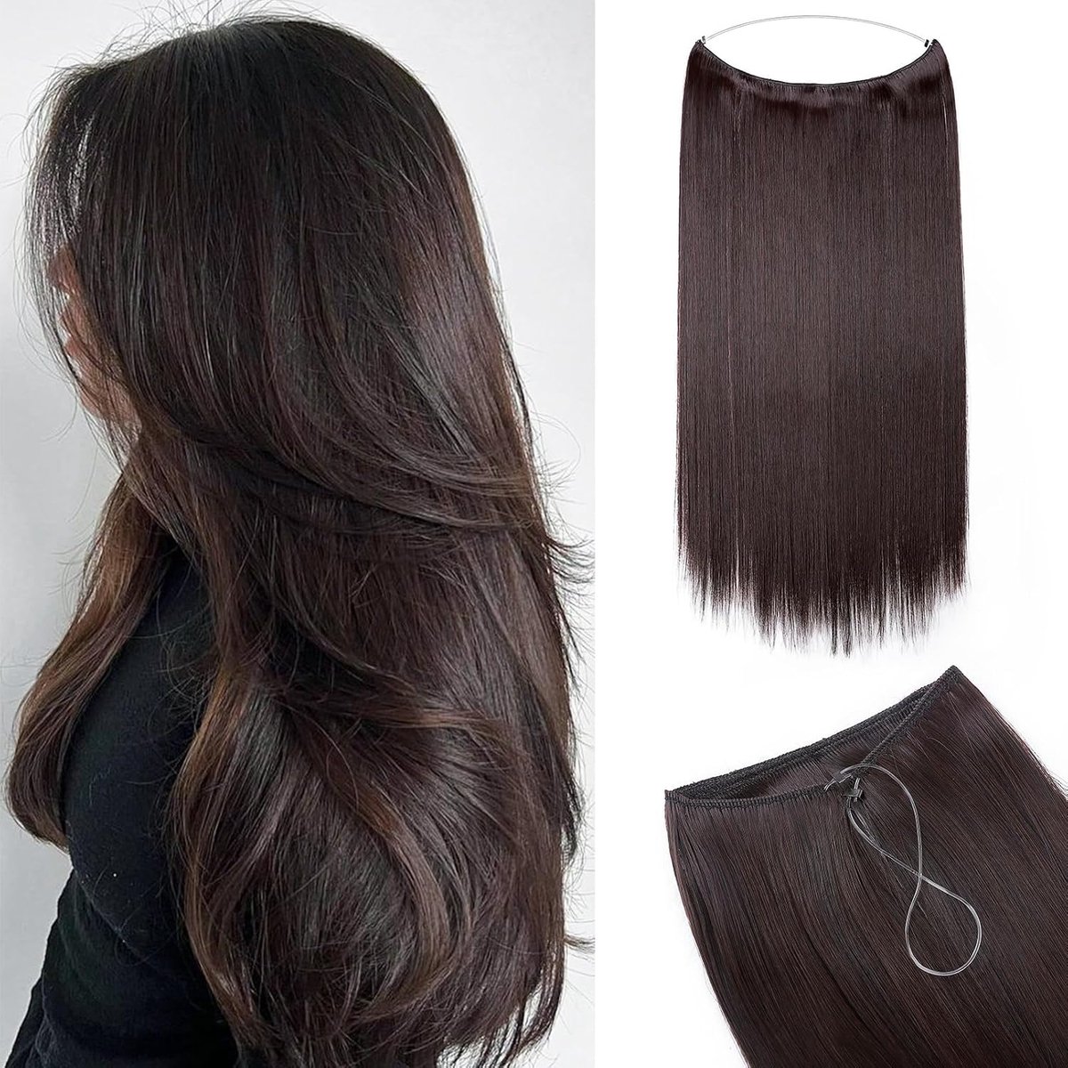 Haarextensions met elastische band - rechte synthetische haarstuk - natuurlijk zwart en wijnrood - ShopVlot
