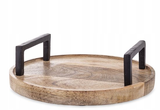 Rond mangohouten dienblad met opstaande rand en matzwarte handgrepen.