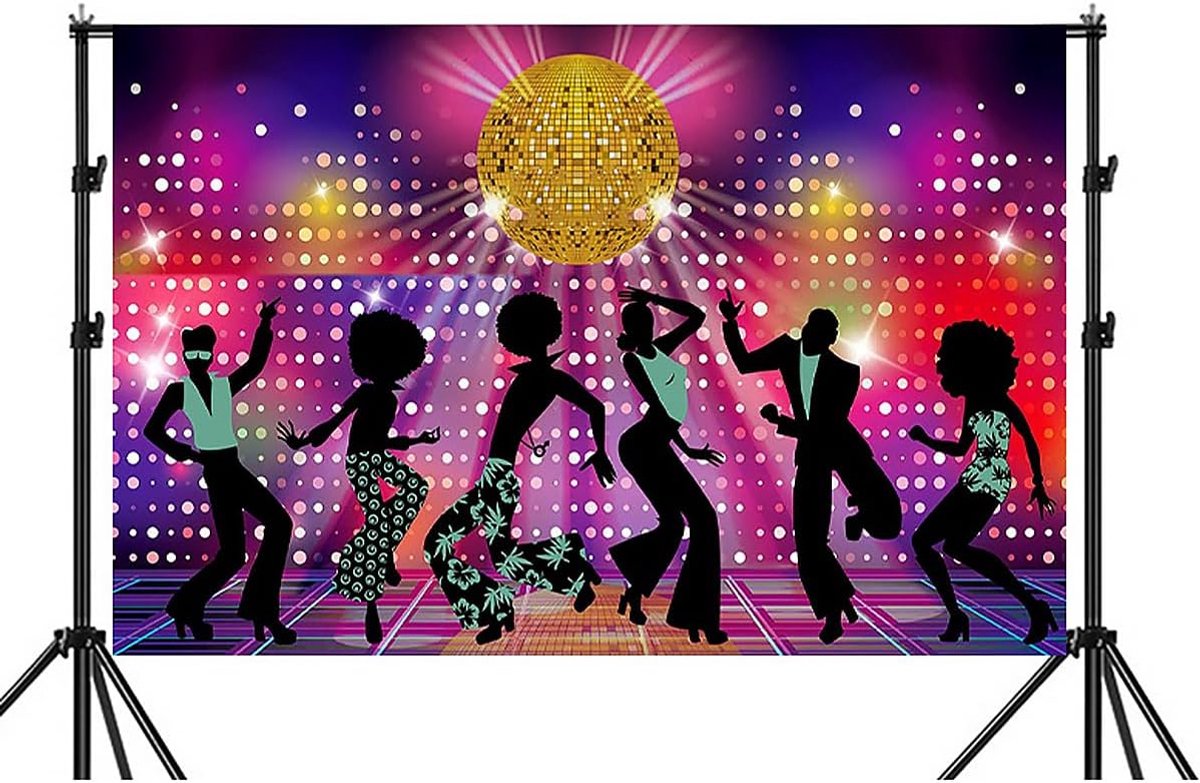 Disco achtergrond 180 x 110 cm - vinyl materiaal - kleurrijk ontwerp - perfect voor disco thema feesten - ShopVlot