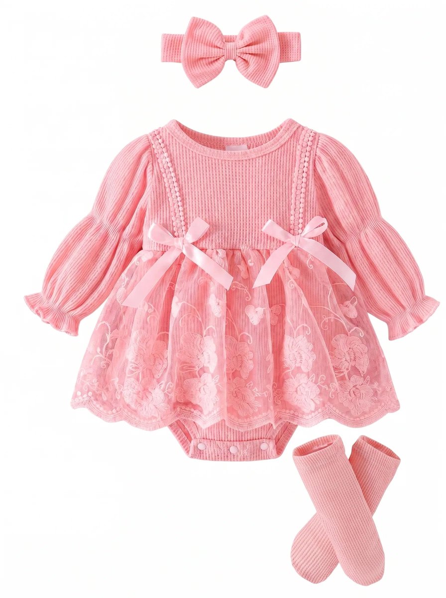 Babymeisjesjurk 0-3 maanden - 3-delige outfit - lange mouwen - comfortabel voor dagelijks gebruik - ShopVlot