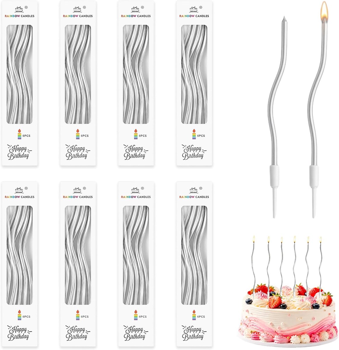 Taartkaarsen 48 stuks - spiraalvormig - zilver - perfect voor verjaardagen - ShopVlot