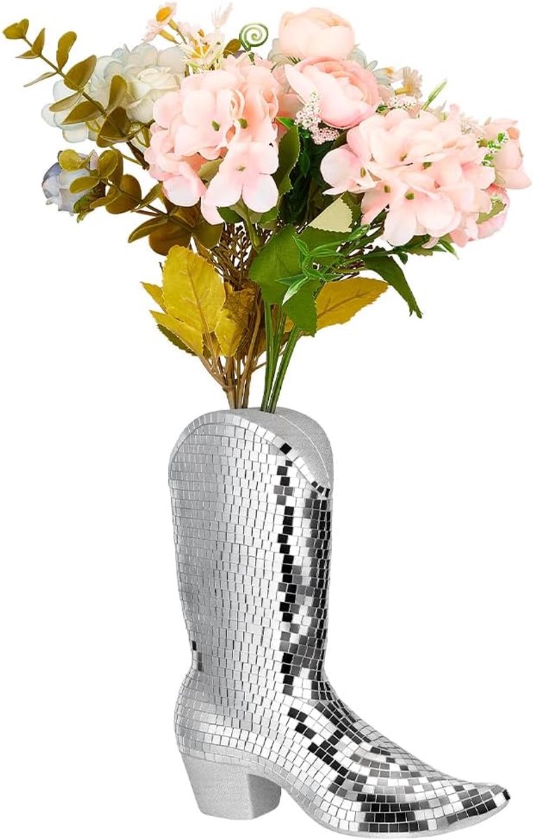 Laarzen bloemenvaas 7 cm - zilveren mozaïek - handgemaakt - perfect voor woondecoratie - ShopVlot