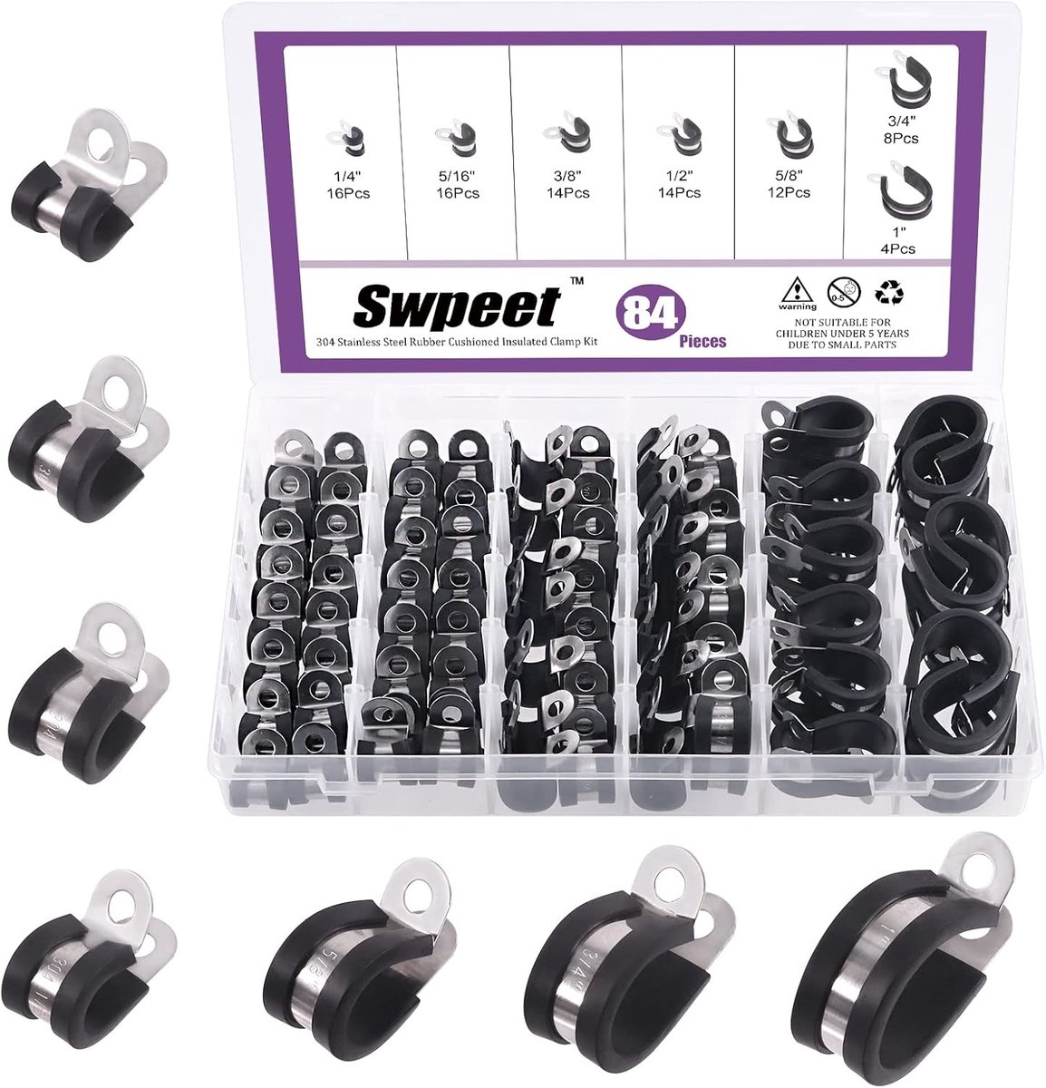 Hose clamps 84pcs - 7 maten - rubber gepadded - ideaal voor het vastzetten van leidingen - ShopVlot