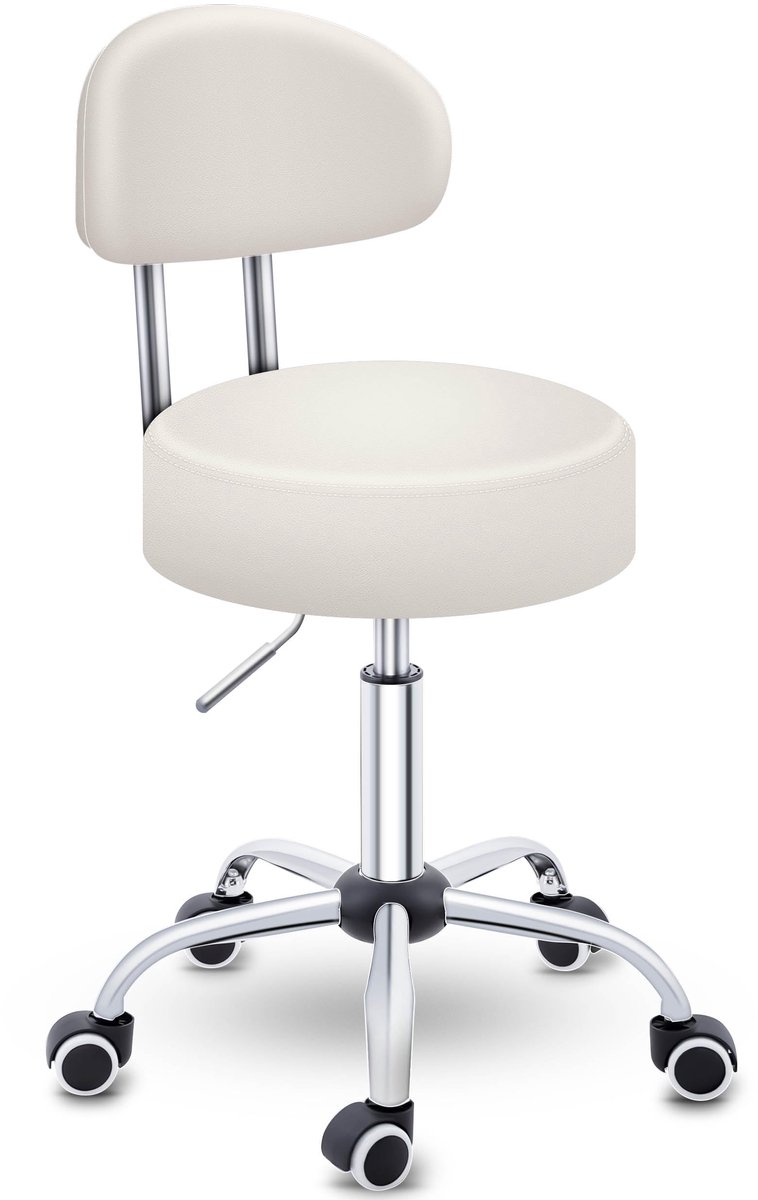 Famanu Rolkruk met leuning in beige, hoogte verstelbaar van 47-60 cm, draaikruk met wieltjes voor bureaustoel en visagiekruk