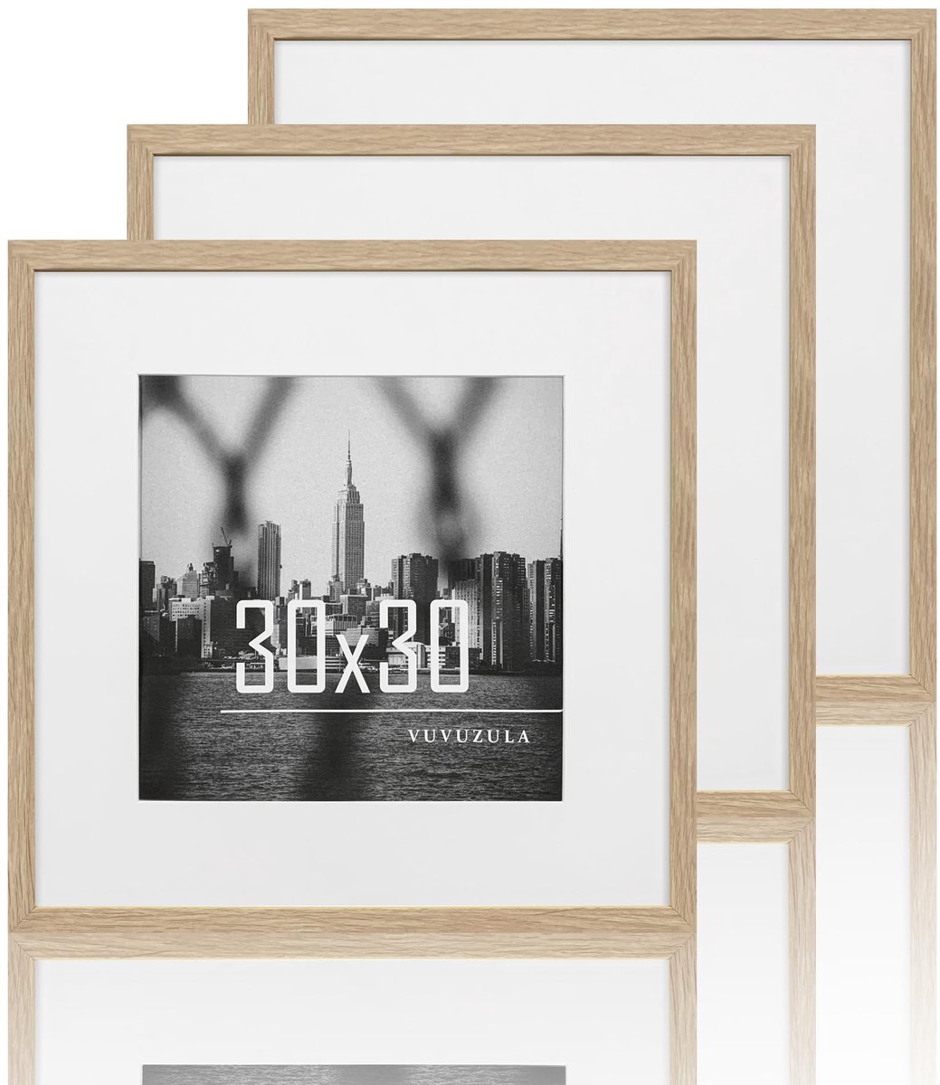 VUVUZULA Fotolijstjes 30x30cm Eiken Vierkant 3-delige set Fotolijsten Houtlijstjes Lijst Natuur met Passepartout - ShopVlot