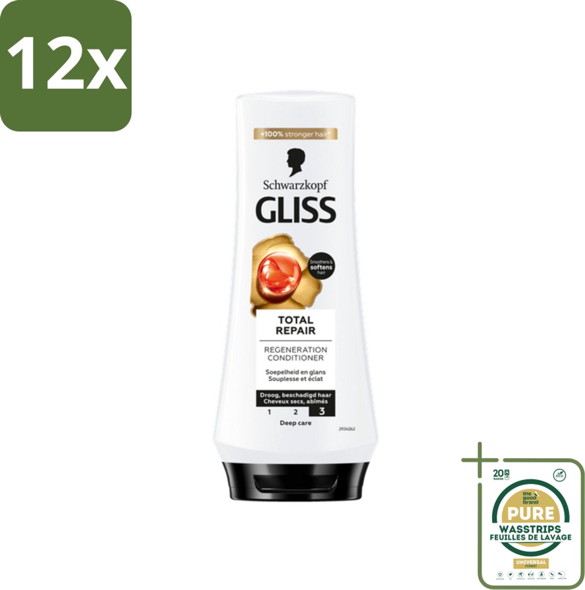 Gliss - Hair Repair - Conditioner voor Totaal Herstel - 200 ml - Voordeelverpakking - 12 stuks - Droog haar - Beschadigd haar