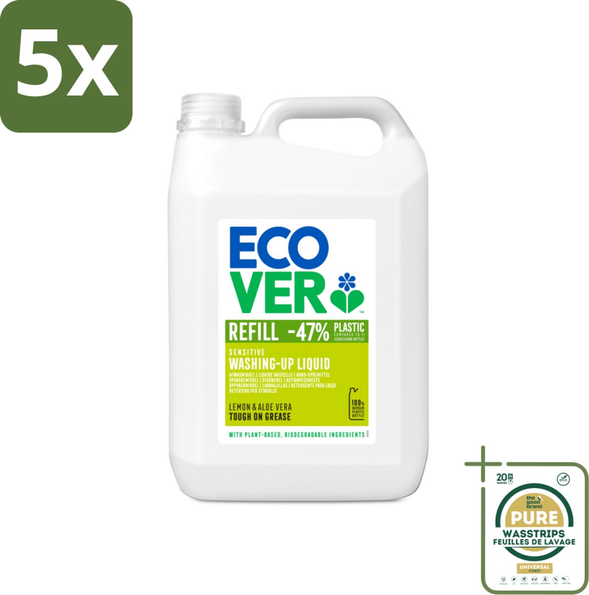5 x Ecover - Afwasmiddel - Citroen & Aloë Vera - 5 liter - Grootverpakking - Ecover Afwasmiddel - Plantaardig Afwasmiddel - Afwasmiddel Citroen Aloë Vera - Duurzaam Afwassen - Zero Waste Afwasmiddel