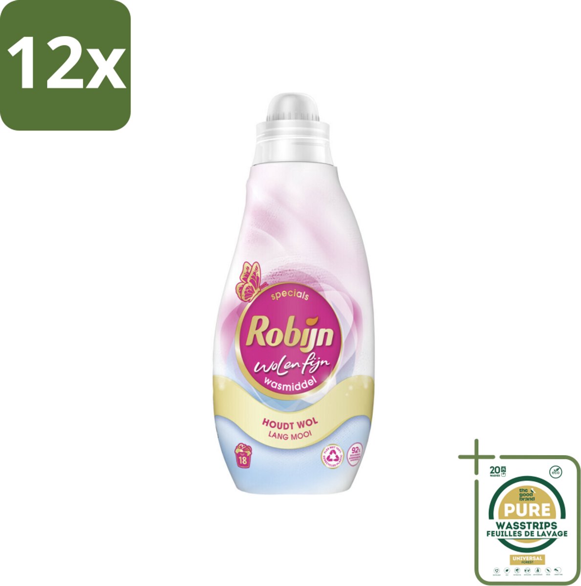 Robijn Specials - Wol & Fijn - Vloeibaar Wasmiddel - 18 Wasbeurten - Voordeelverpakking - 12 stuks - Wasmiddel delicate stoffen - Biologisch afbreekbaar wasmiddel