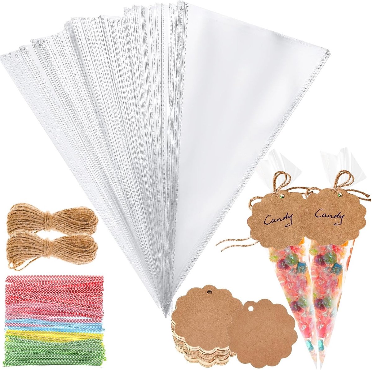 Snoepzakjes - Transparant - 25 x 13 cm - Voedselveilige Puntzakjes met Cadeaulabels - Voor Feestjes en Verjaardagen
