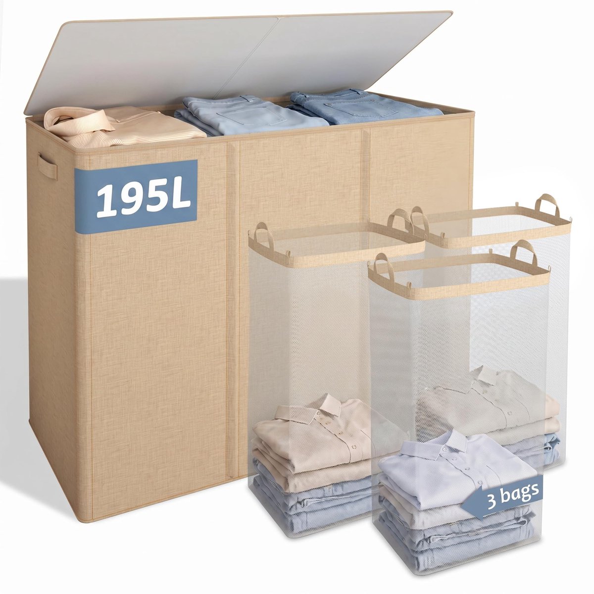 Wasmand met 3 vakken 195 l - havervlokken - met deksel en binnenzak - ideaal voor waskeuken en slaapkamer - ShopVlot