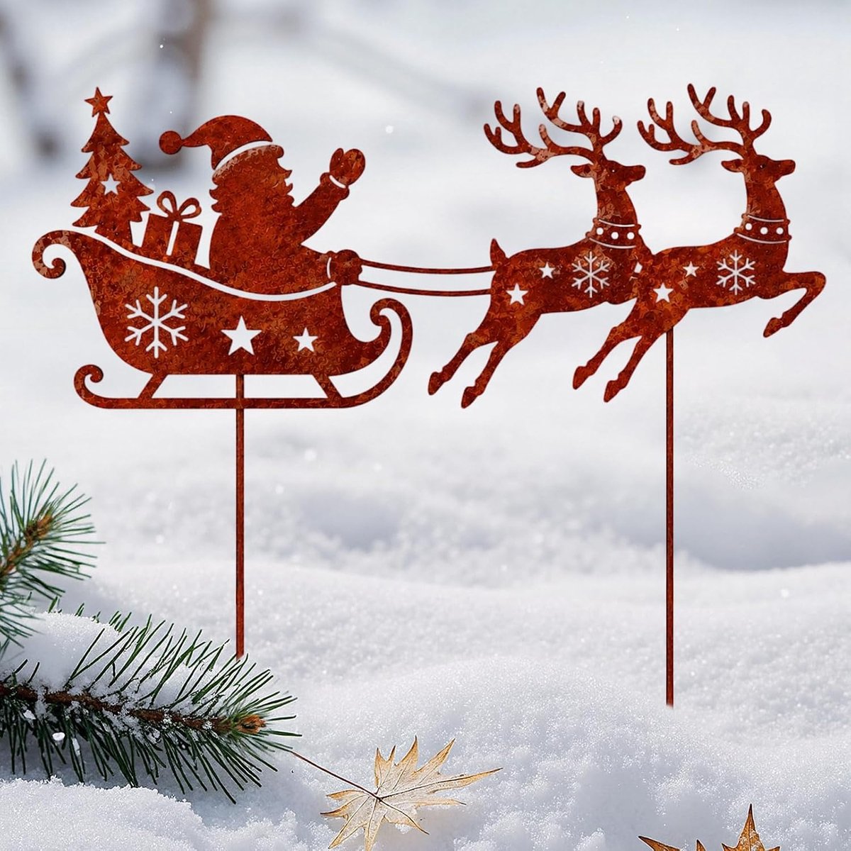 Tuinsteker Kerstmis - roestmetalen decoratie - kerstmanslee met rendieren - sfeervolle buitenversiering - ShopVlot