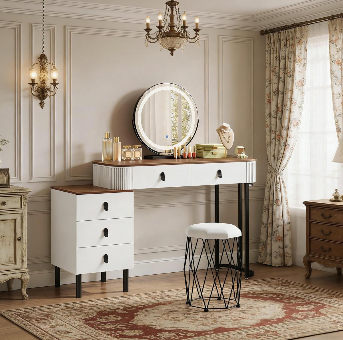 Wishdor Kaptafel met spiegel en hocker - Modern design met LED-verlichting, 5 lades, links of rechts te plaatsen zijvak, wit bruin, 125 x 40 x 126 cm