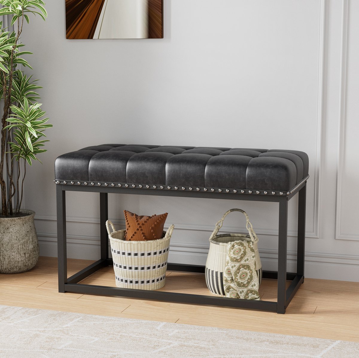 Wishdor Voetenbankje - Vintage gestoffeerd bankje - Gekapitonneerde zitting - Industrieel metalen frame - Voor binnen - Zwart - Rechthoekig - 90 x 46 x 52 cm