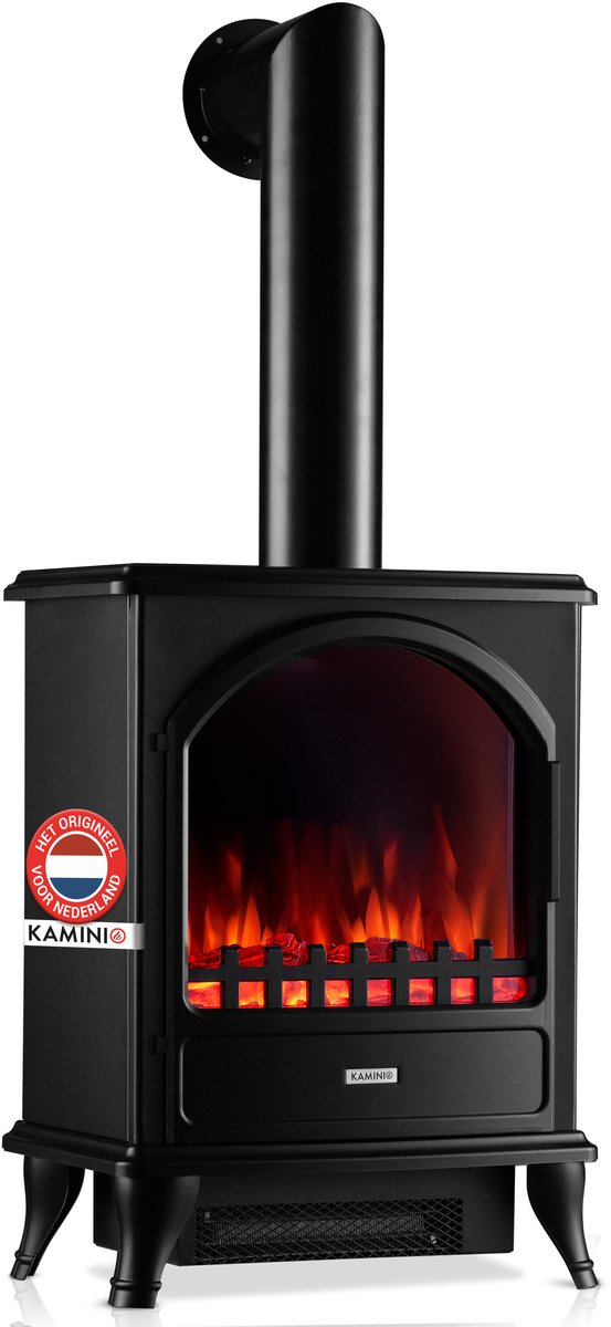 KAMINIO® Leni elektrische haard met verwarmingselement en rookkanaal [Zwarte haard] - Vrijstaande elektrische haard met verwarmingselement en 3D-vuureffect