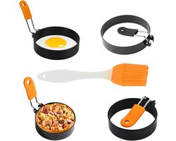 Pack of 4 Egg Moulds, Fried Eggs, Non-Stick Coating, Oven Mold with Folding Handles, Egg Ring with Silicone Brushes - ShopVlot