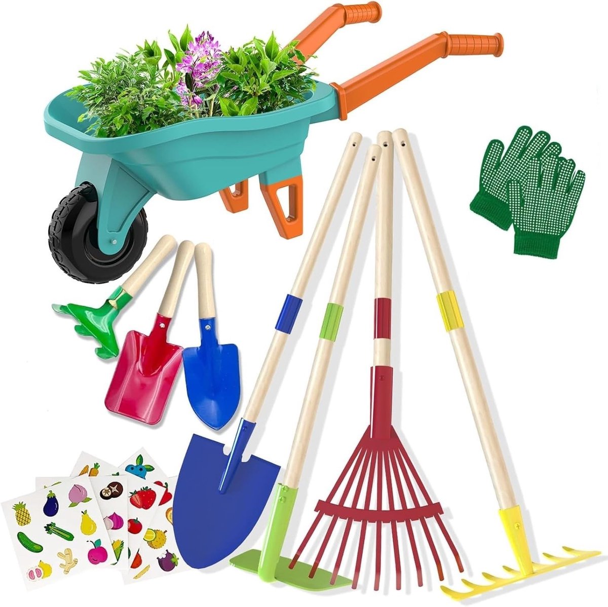 Tuinharkjes klein - Multi kleuren - 70 cm - Metalen en Houten Tuingereedschap Set voor Kinderen