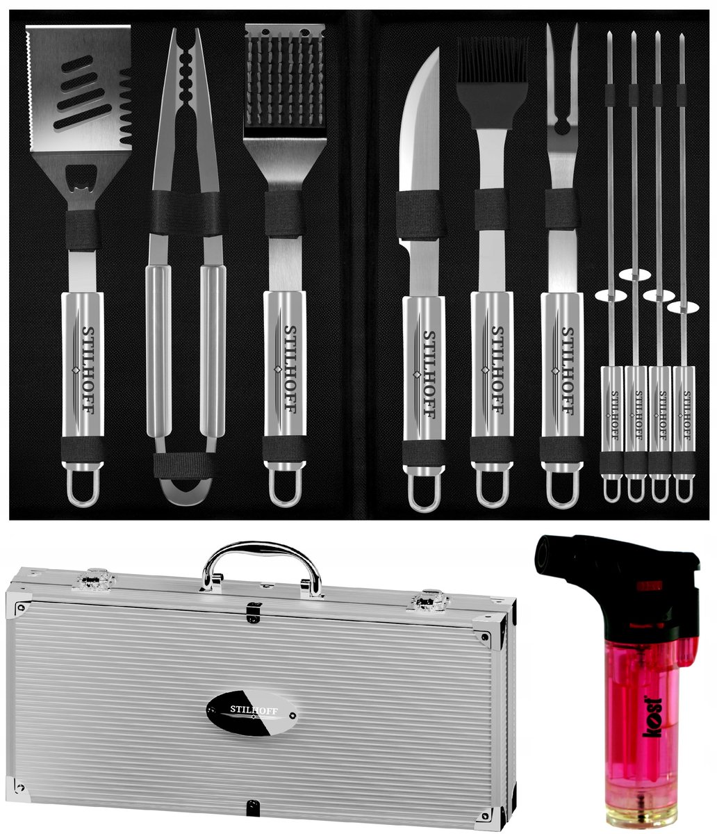Merkloos barbecue accessoires set met 12 delen, koffer & brandertje