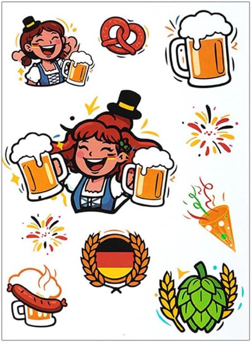 Oktoberfest tijdelijke tatoeages, 10 vellen, Duits bierfeest, gunsten, bierbeker, pretzel, accordeon, waterdicht - ShopVlot