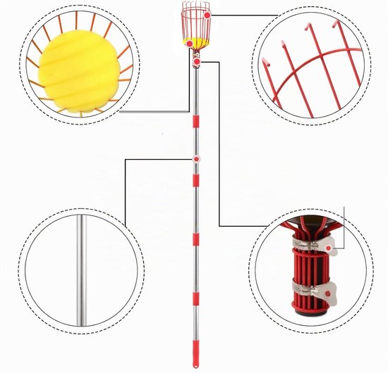 Fruitplukker Met Lange Steel - Verstelbare 8-Stangige Steel Grote Metalen Mand Met Schuimrubberen Kussen Montage Zonder Gereedschap in 5 Minuten - Voor Appels Peren Sinaasappels En Meer - Max. 3,2 M - Rood — afbeelding 3