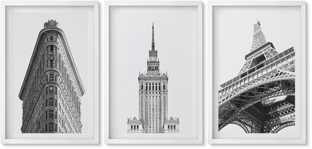 Wallfluent 3-Delige Schilderij Set - Architectonische Gebouwen In Zwart-Wit Minimalisme - 40 x 60 - Wanddecoratie - Schilderijen Set - Kantoor - Woonkamer Decoratie
