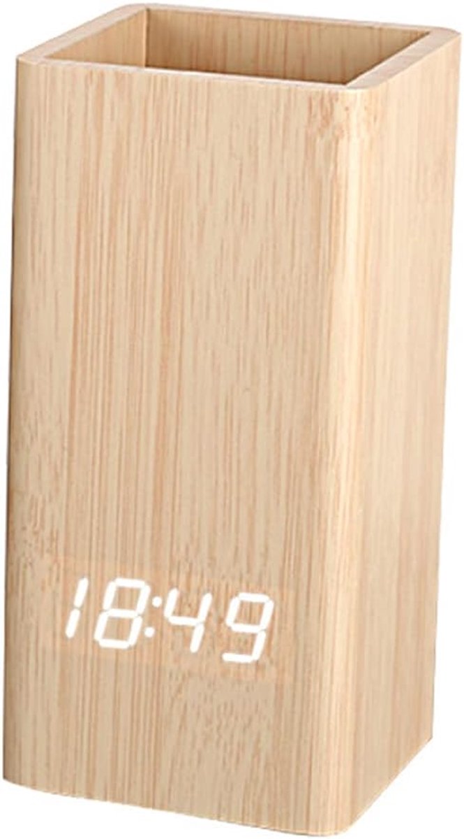 carmdering - Digitale klok -Bureauklok met Houtlook- Bureauklok - Wooden look - Witte cijfers - Pennenbakje - Slaapkamer en Bureau