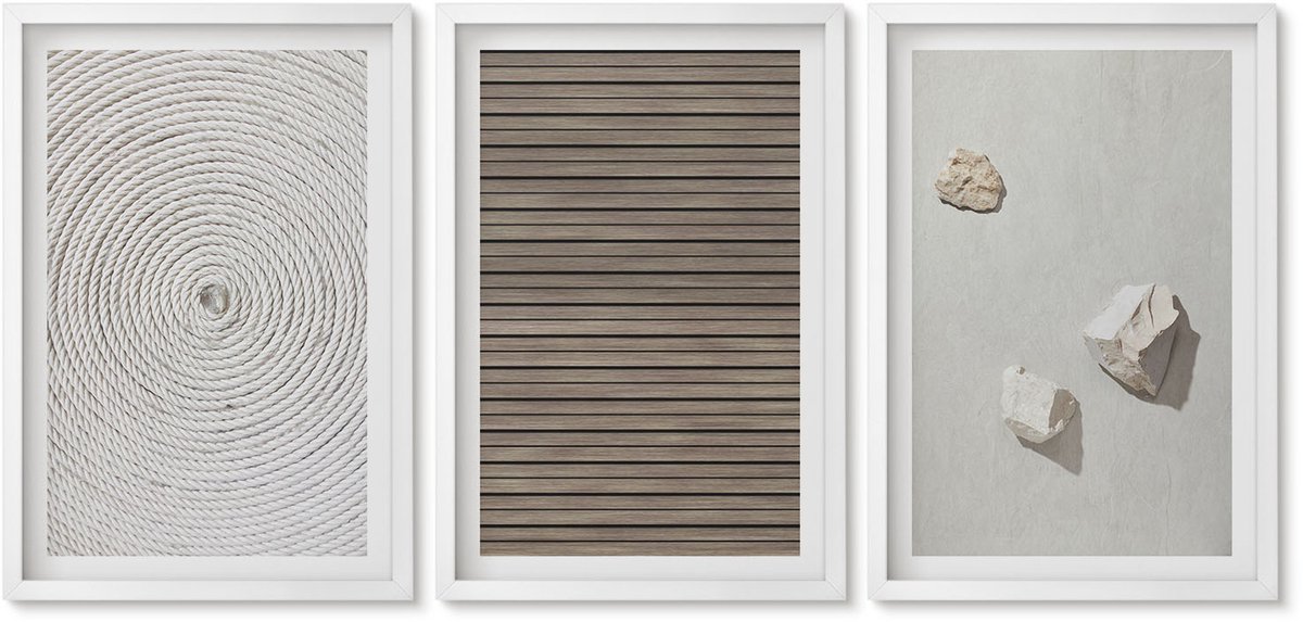 Wallfluent 3-Delige Schilderij Set - Natuurlijke Texturen: Hout, Stenen, Touw - 40 x 60 - Decoratieve Schilderijen - Woonkamer - Interieur - Muurdecoratie