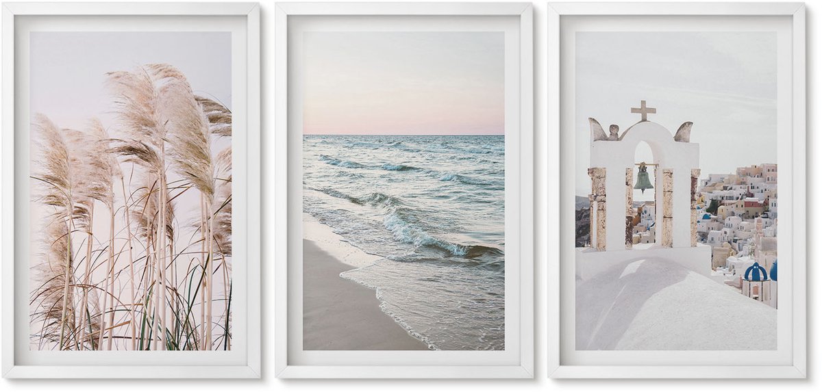 Wallfluent 3-Delige Schilderij Set - Zeeplanten, Zeegolven, Uitzicht Op De Witte Huizen - 40 x 60 - Moderne Wanddecoratie - Woonkamer - Interieur Decoratie