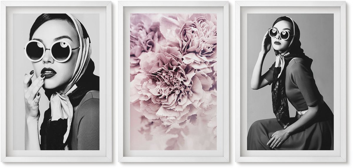 Wallfluent 3-Delige Schilderij Set - Stijlvolle Portretten Van Vrouwen Met Roze Bloemen - 40 x 60 - Stijlvolle Muurdecoratie - Slaapkamer - Interieur Decoratie