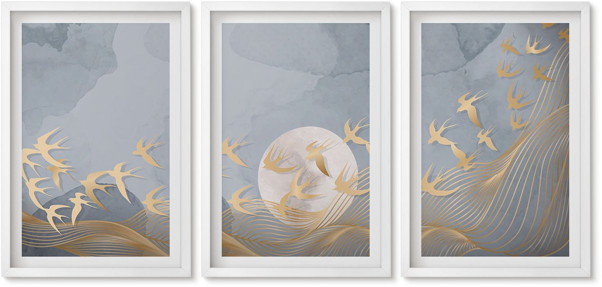 Wallfluent 3-Delige Schilderij Set - Vogels In Vlucht Tegen De Hemel En De Maan. - 40 x 60 - Moderne Wanddecoratie - Slaapkamer - Muurdecoratie