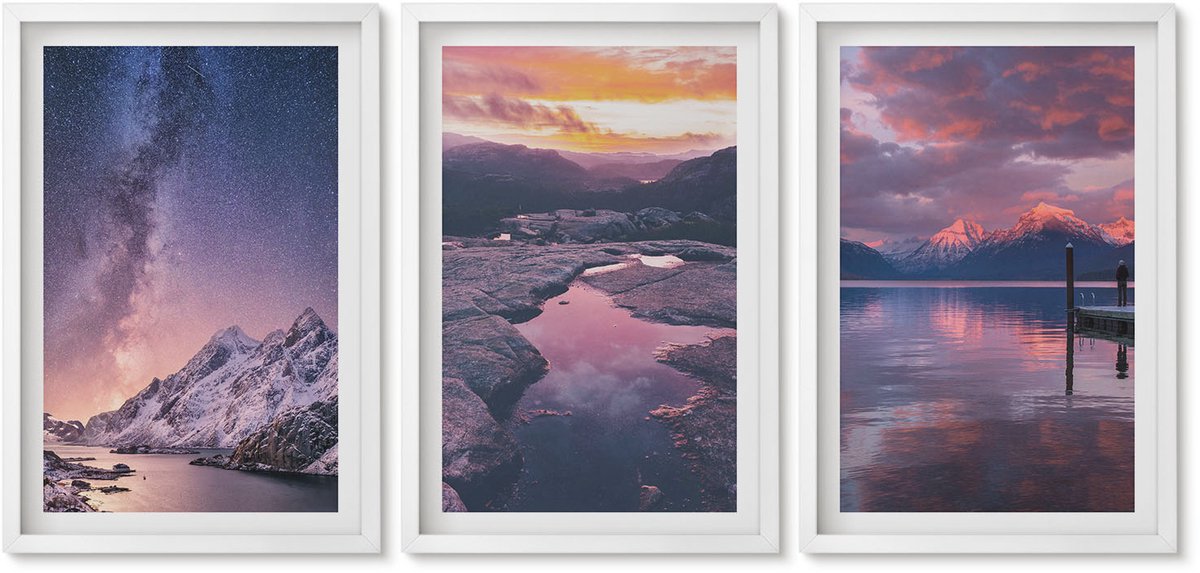Wallfluent 3-Delige Schilderij Set - Bergen En Water In Prachtige Natuurlijke Landschappen - 40 x 60 - Muurdecoratie - Wanddecoratie - Slaapkamer - Decoratieve Schilderijen