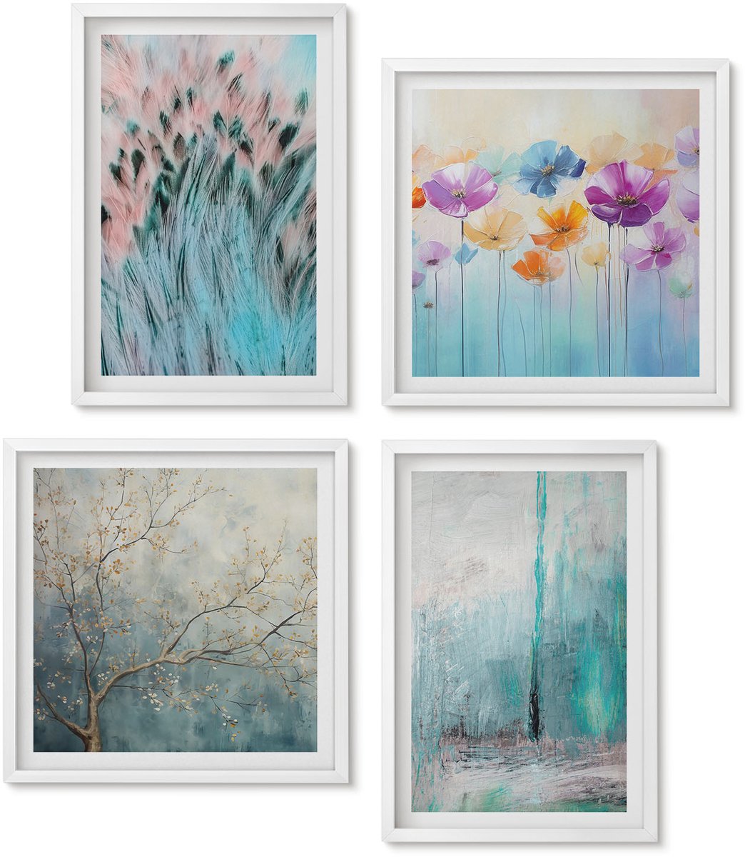 Wallfluent 4-Delige Schilderij Set - Bloemen Op Een Achtergrond Van Pastelkleuren En Delicate Patronen. - 40 x 40 En 40 x 60 - Wanddecoratie - Schilderijen Set - Interieur