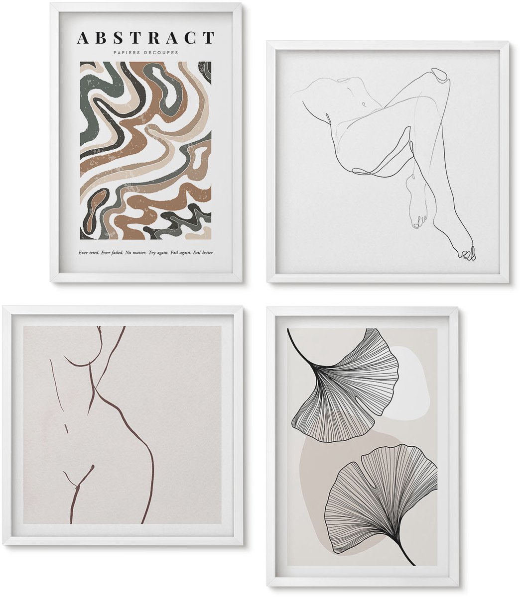 Wallfluent 4-Delige Schilderij Set - Abstracte Poster Met Vrouwelijke Vormen En Bladeren In Boho-Stijl. - 40 x 40 En 40 x 60 - Muurdecoratie - Decoratieve Schilderijen - Wohnzimmer