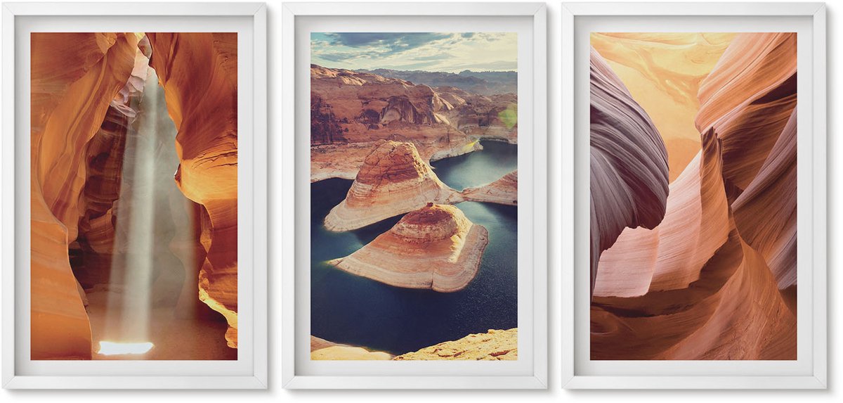 Wallfluent 3-Delige Schilderij Set - Waterval In De Kloof Rotsformaties In De Canyon - 40 x 60 - Decoratieve Schilderijen - Woonkamer - Interieur - Moderne Wanddecoratie