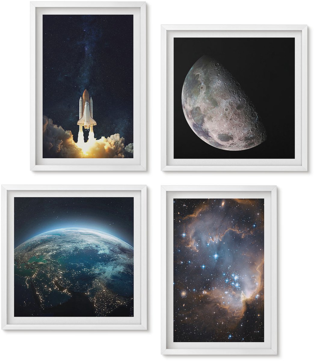 Wallfluent 4-Delige Schilderij Set - Ruimte Aarde Raket Melkweg Hemel Sterren - 40 x 40 En 40 x 60 - Wanddecoratie - Woonkamer Decoratie - Interieur Decoratie