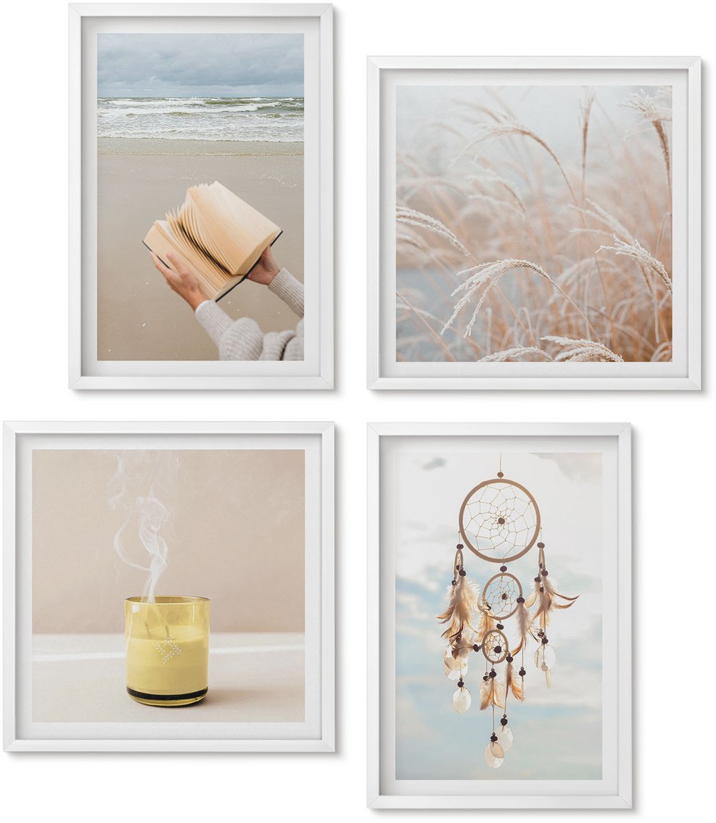 Wallfluent 4-Delige Schilderij Set - Rustige Landschappen, Delicate Zomeruitzichten, Boho-Stijl - 40 x 40 En 40 x 60 - Stijlvolle Wanddecoratie - Interieur - Interieur Decoratie