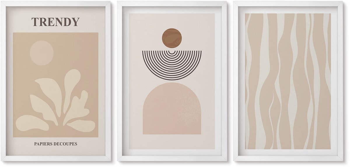 Wallfluent 3-Delige Schilderij Set - Stijlvolle Abstracte Composities In Beigetinten - 40 x 60 - Muurdecoratie - Decoratieve Schilderijen - Wohnzimmer - Moderne Wanddecoratie