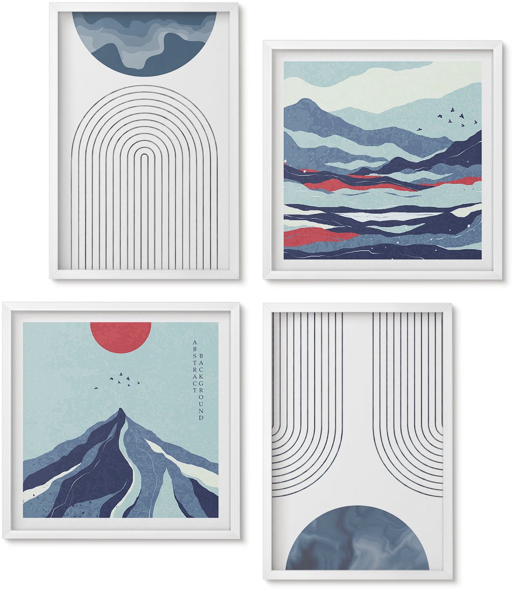 Wallfluent 4-Delige Schilderij Set - Abstracte Patronen, Berglandschappen, Japandi - 40 x 40 En 40 x 60 - Wanddecoratie - Woonkamer Decoratie - Decoratieve Schilderijen