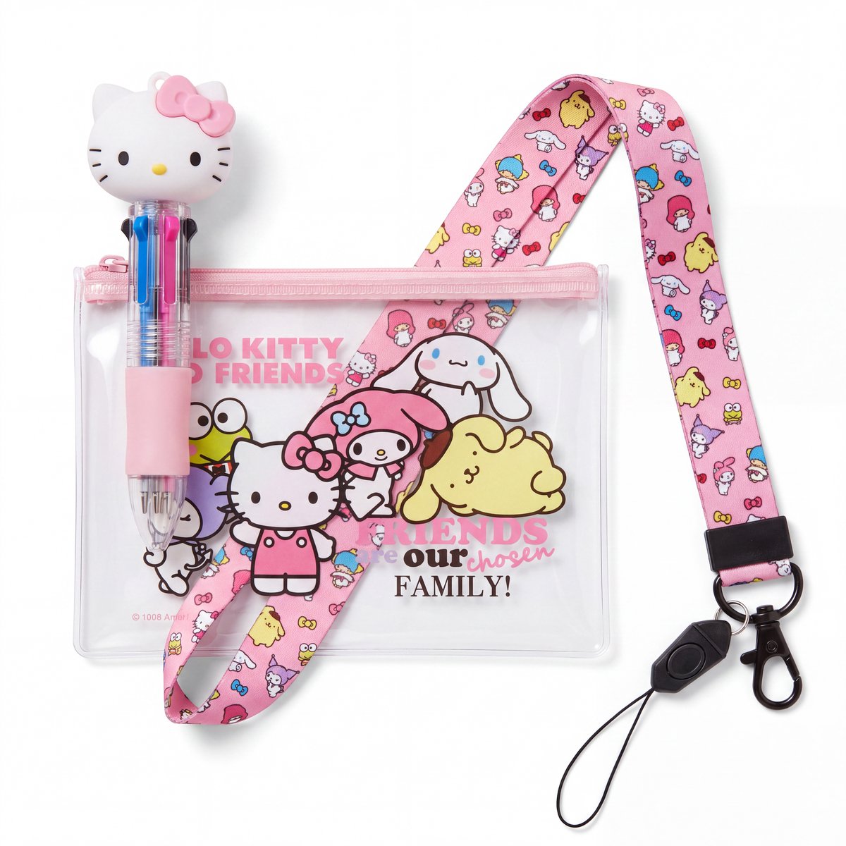 Hello Kitty Schrijfset voor Meisjes – 4-Kleurenpen met Etui en Keycord