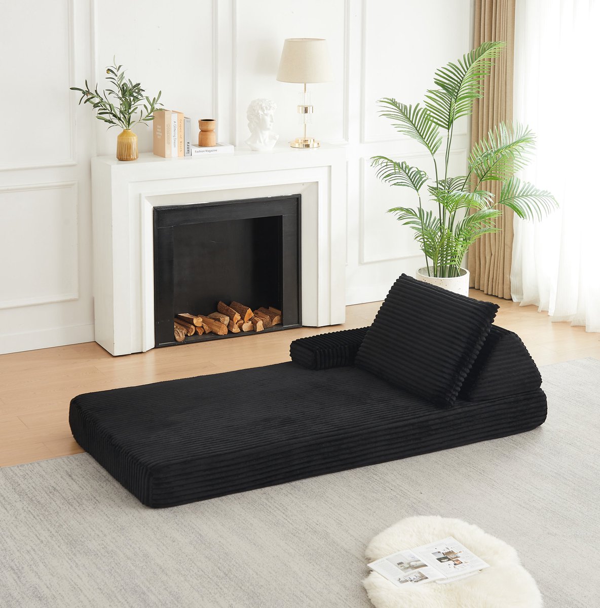 OKWISH Slaapbank 1-Zits 211,5 Cm - Modulaire Corduroy Bank Met Verplaatsbare Armleuningen En Driehoekige Rugleuning - Woonkamer - Stof - Zwart